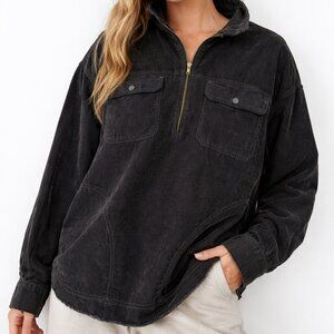 Aerie Black Corduroy Half Zip Overshirt Jacket XL Shacket